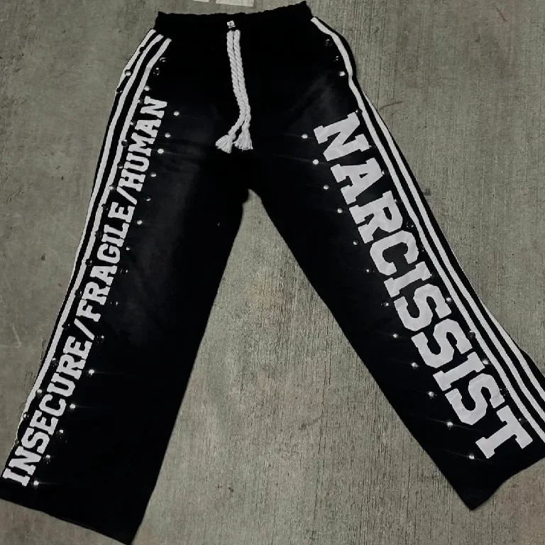 Vintage patch sports pants Y2K mens hip-hop letter glitter rhinestone stripe pocket elastic waist jogging casual Trouser 250103