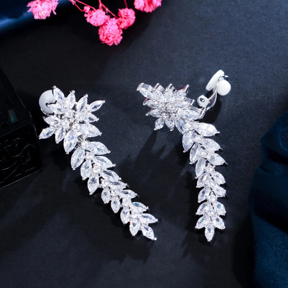 ThreeGraces Japanese n Women Jewelry Sparkly White CZ Stone Long Leaf Drop Clip on Earrings for Non Pierced Ears ER048 250103