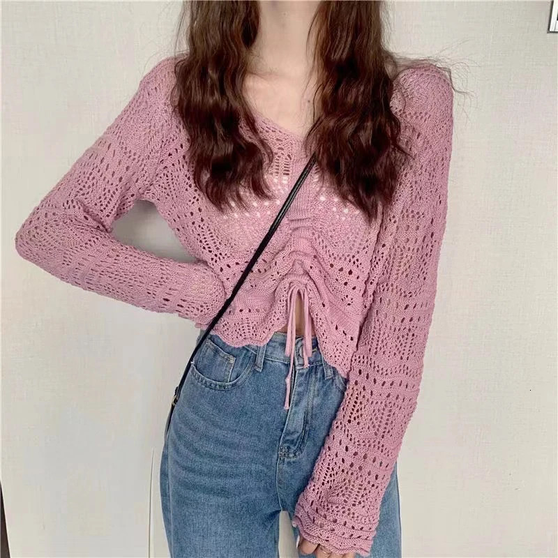 Crochet Knit Top Drawstring Hollow Shirt Long Sleeved Vneck Crop Summer Solid sweet Y2K Pullover Elegant Women Clothing 241227
