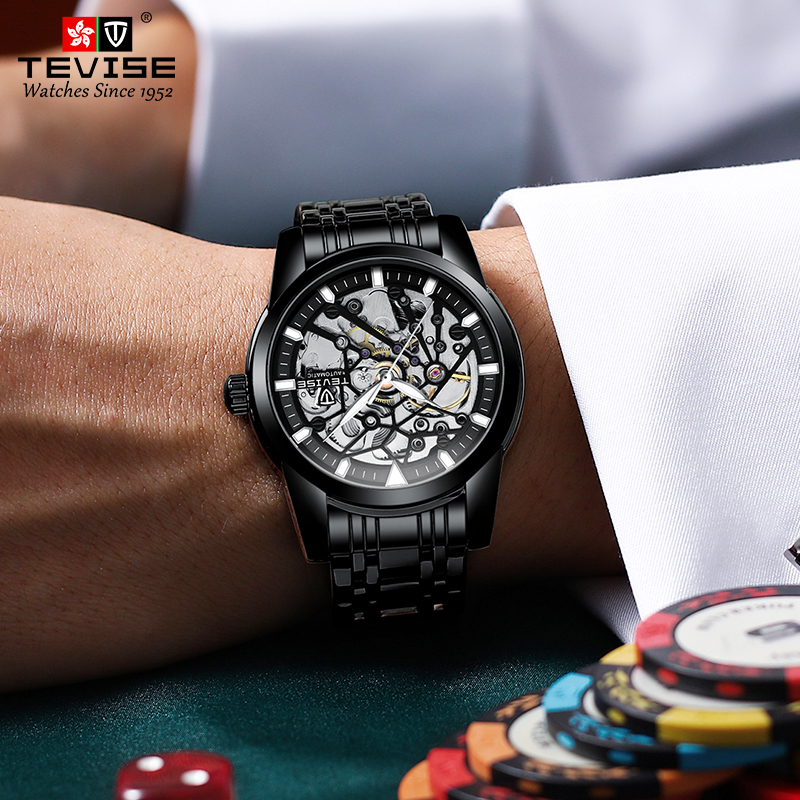 TEVISE Mechanical Watch Tourbillon Hollow-out Design Luminous Function Automatic High-end Business Brand Wristwatch T025 T9005E