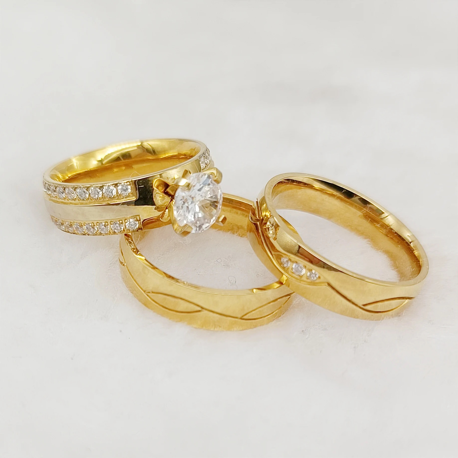 Wholesale 3pcs Lovers Promise Wedding Engagement Rings Sets For Couples Vintage Handmade 24k gold plated Fashion jewelry Ring 250103