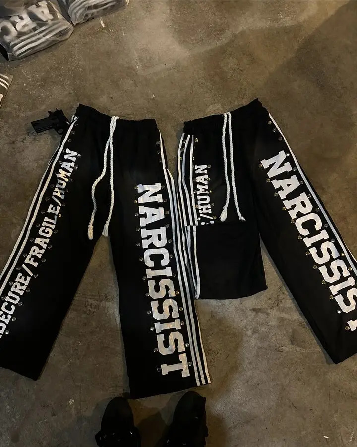 Vintage patch sports pants Y2K mens hip-hop letter glitter rhinestone stripe pocket elastic waist jogging casual Trouser 250103