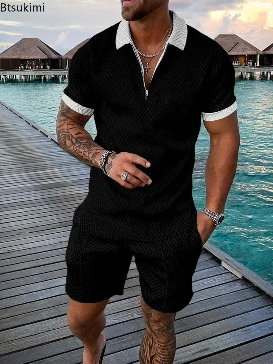 2024 Trend Men Streetwear Fashion Half Zip Polo Shirtsshorts 2 PCS Sets Mens 3D Digital Print Casual Suit Male Tracksuits 250102