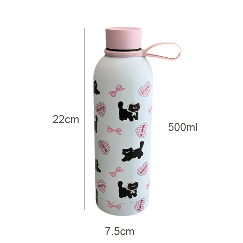 Cute Coffee Tumbler Stainless Steel Thermal Kawaii Cat Thermos Tea Cup Gift Girl Insulated Water Bottle With Handle 500ml 250103 W260226