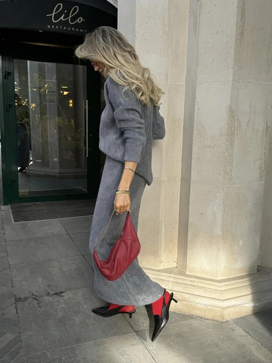 Hirsionsan Elegant Soft Elegant Vintage Women Suits 2 Pieces Female Skirt Sets O Neck Sweater Midi Dress Knitted TrackSuit 241224