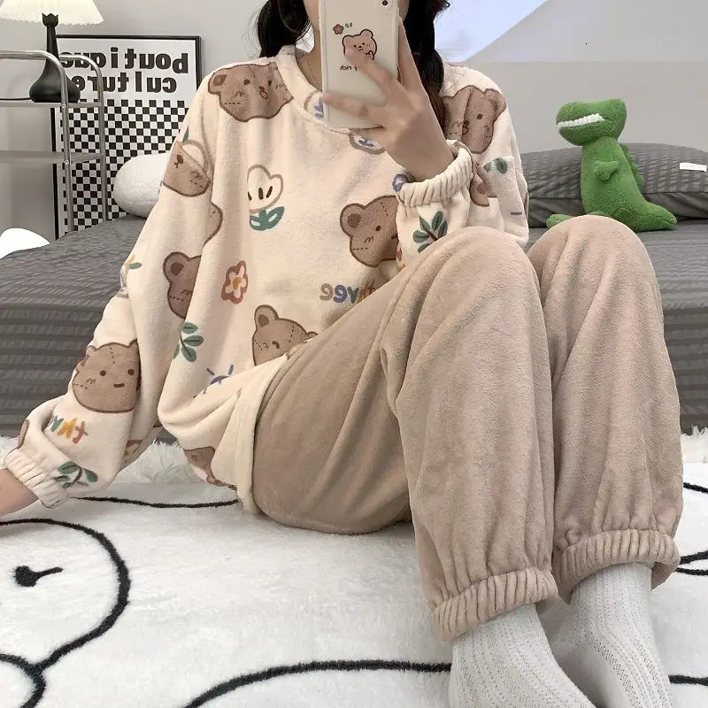 Keep Warm Womens Pajamas Set Femme Cartoon Print Top and Solid Pants Sleepwear Ladies Round Neck Long Sleeve 2 Pieces Homewear 250103