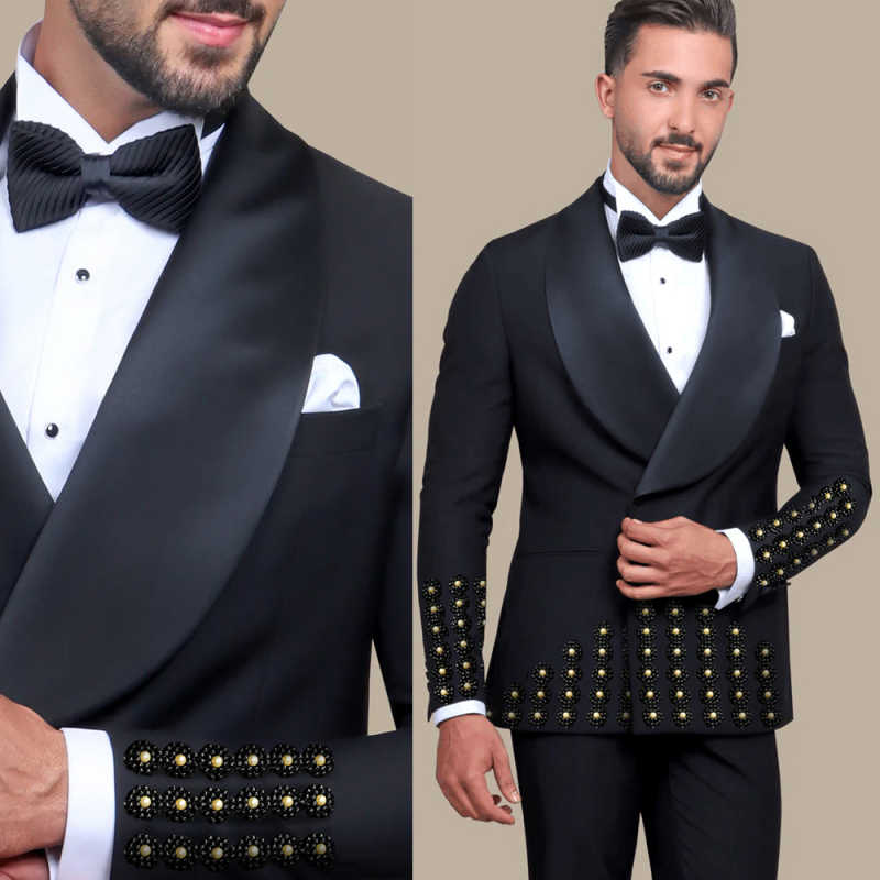 Customize Slim Fit Groom Tuxedos Designer New Fashion Two-Pieces Mens Suit Beaded One Button Customized Shawl Lapel Pockets Bridegroom Tailor Made Coa
