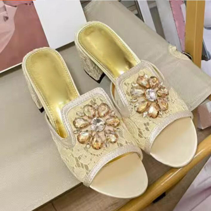 Summer Rhie Wer Chunky High Heels Slipper Ral Lace Sgbacks Sandals Peep Toe Crystal Woman Banquet Wedding Shoes