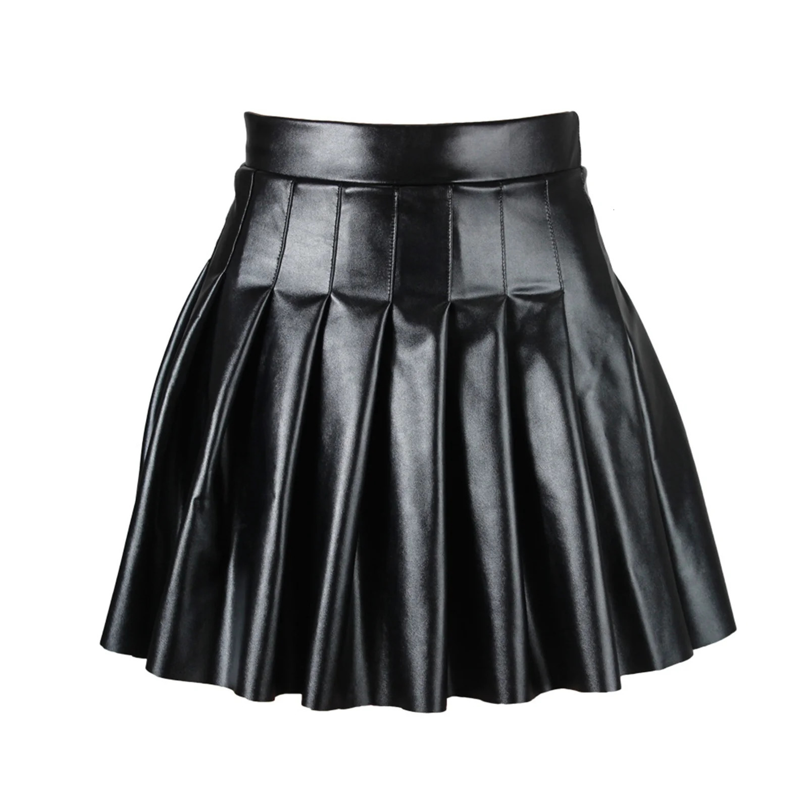 Women High Waist A-line Pleated Skirt y2k E Punk Gothic Black Latex Side Invisible Zip Flared Mini Skirts Chic Club Wear 241224