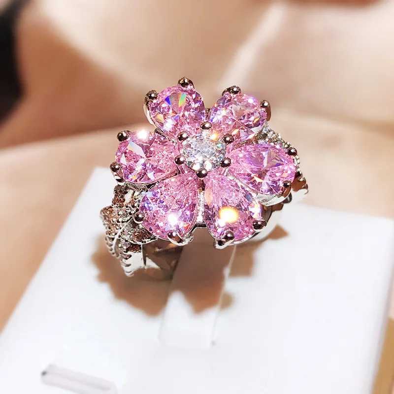 S925 Sterling Silver Selling Pink Flower She Sweet Fashion Ring Sparkling Full of Diamond Zircon Luxury Banquet Party JewelryXJ250514