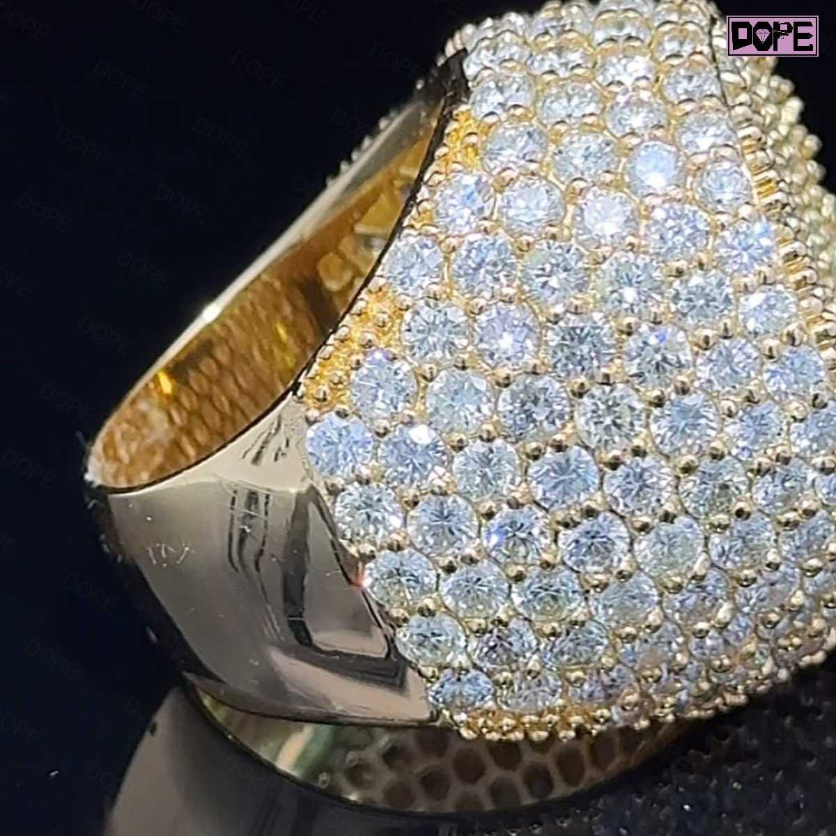 Hiphop Men Ring Iced Out 925 Sterling Silver Yellow Gold Plated Thick Sparkling Round VVS Moissanite Ring