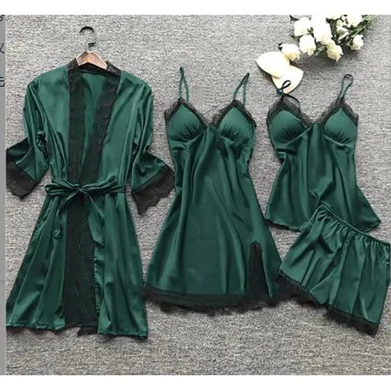 4PCS Sleepwear Pajamas Set Silk Women Nightdress Lace Dress Robe Sleep Nightwear Solid Color Pijama Sets 250103