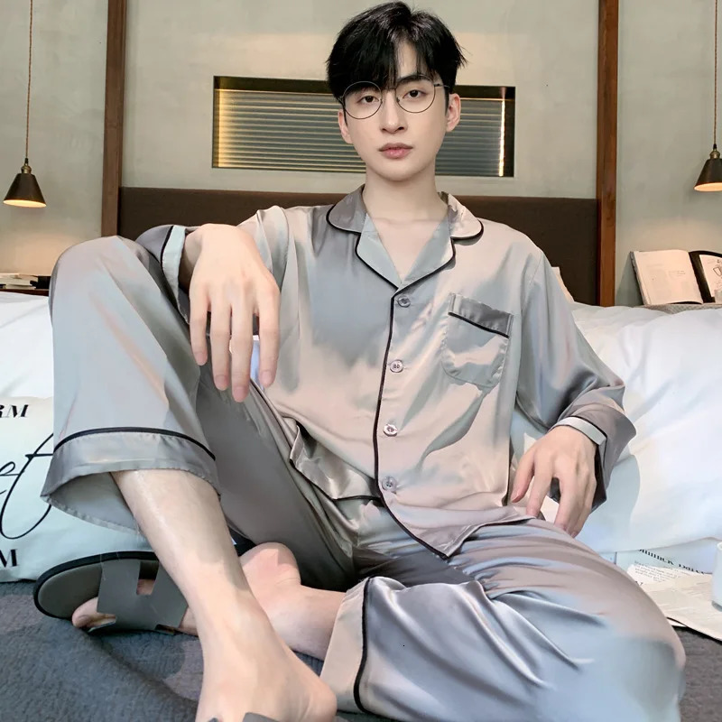 High Quality Pajamas Mens Spring Summer Longsleeved Pyjamas Male Thin Ice Silk Home Clothes Satin Suit Sleepwear Set Nightwear 250103