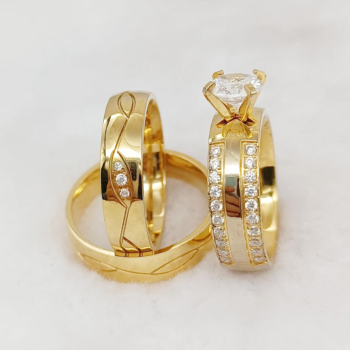 Wholesale 3pcs Lovers Promise Wedding Engagement Rings Sets For Couples Vintage Handmade 24k gold plated Fashion jewelry Ring 250103