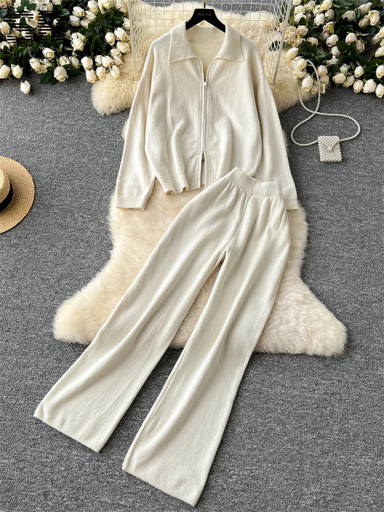 SINGREINY Knitting Two Piece Sets Women Polo Neck Zipper Cardigan SweaterLong Pants Autumn Winter Basics Casual 2pcs Suits 241230