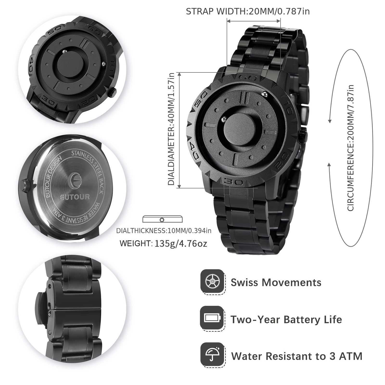 EUTOUR Mens Magnetic Mens Quartz Waterproof Leather Stainless Steel Bracelet Black Dial Fashion Sports W250104