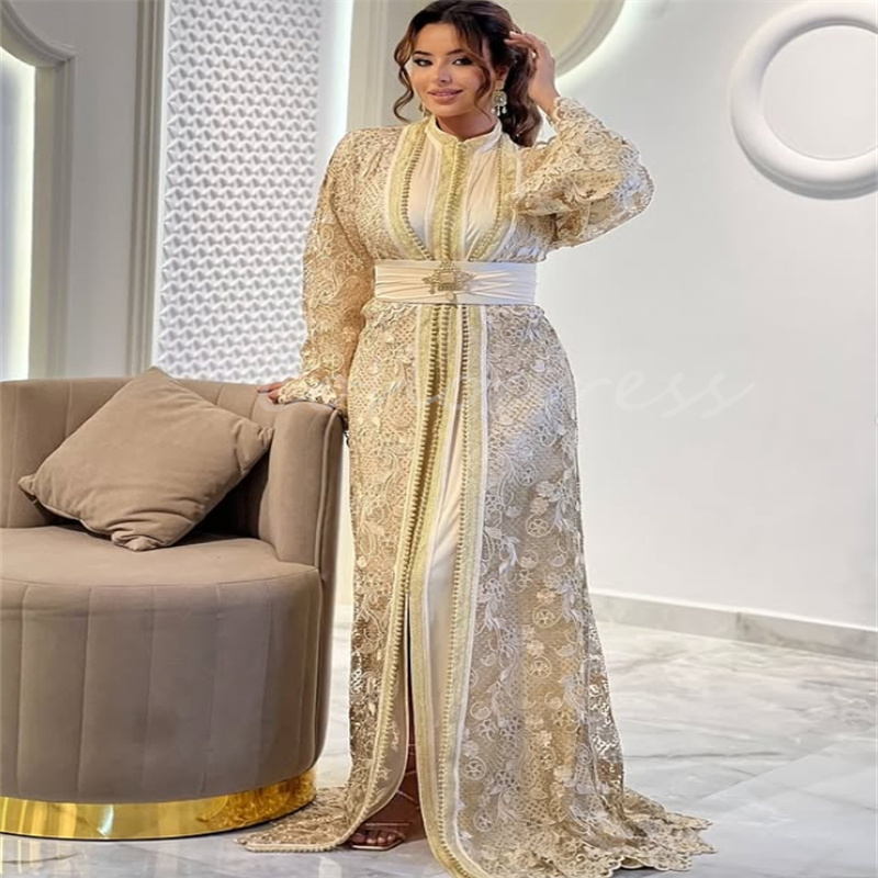 Fancy Champagne Moroccan Kaftan Evening Dress Islamic Muslim Turkish Prom Dress Lace Long Sleeve Formal Party Gown Algerian Abendkleider 2025 Vestio D