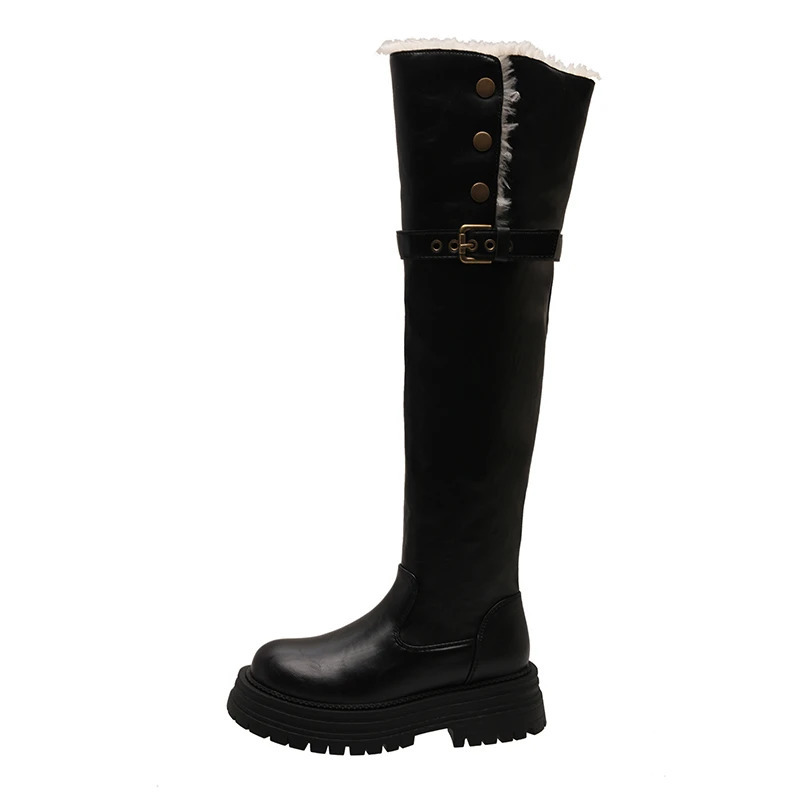 Winter Women Warm Cotton Knee High Boots Elegant Slip On Shoes Concise Thick Heel Long Botas De Mujer 250103