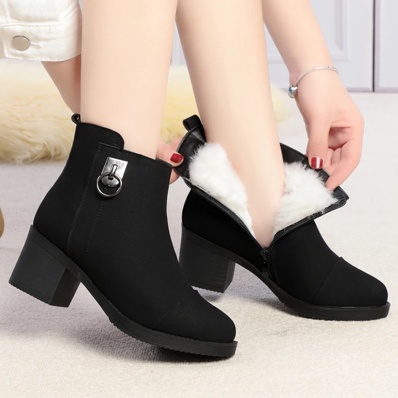 AIYUQI Women Ankle Boots Winter Genuine Leather Wool Boots Women Large Size High Heels Warm Fashion Boots Ladies