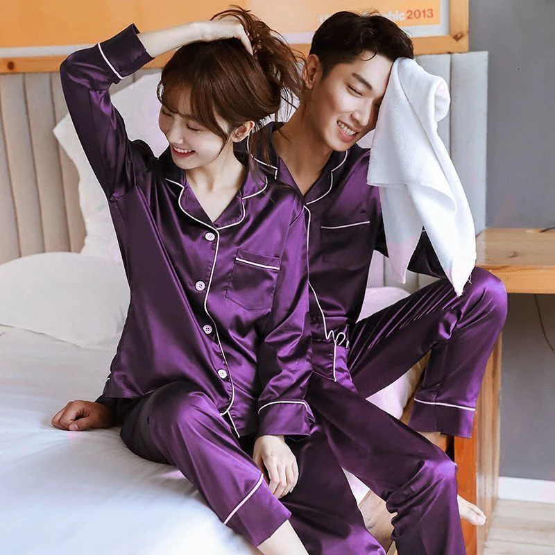 Sleepwear Couple Silk Satin Solid Color Pajama Sets Long ButtonDown Pijama Plus Size Home Clothes Pyjamas Women Men Loungewear 250103