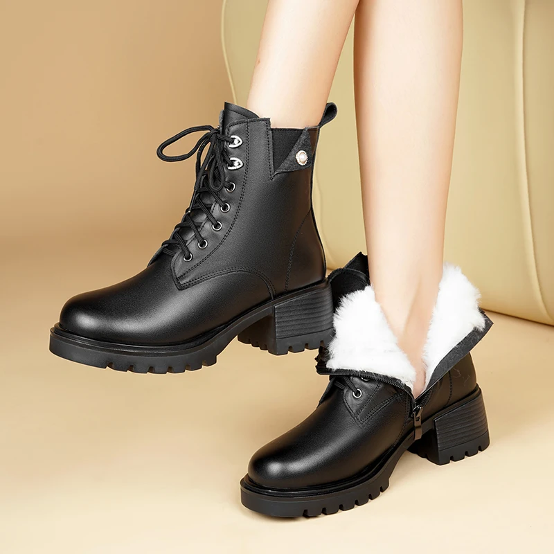 AIYUQI Ankle Boots Women Winter Genuine Leather Natural Wool Warm Mom Boots Non-slip Large Size Women Snow Boots