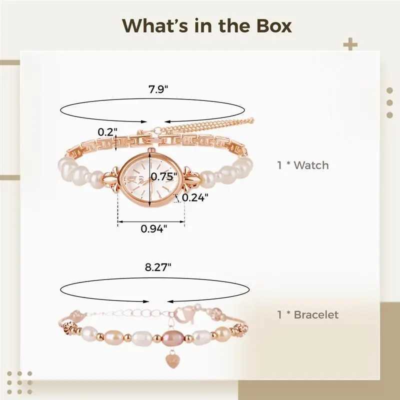 Pearl and Bracelet Set Elegant Womens Waterproof Quartz Suitable for Women Rose Gold Comes with Natural Pearl Gift W250104