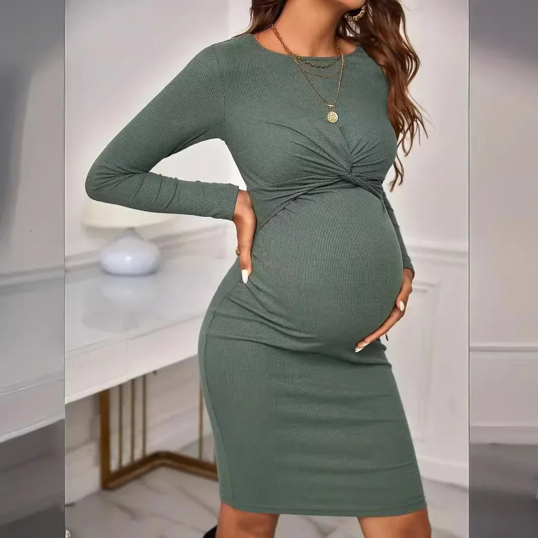 American Fashion Round Neck Long Sleeve Knitted Maternity Dress Tight Fitting Solid Color Short Pregnant Women Outfit Pregnancy 250103