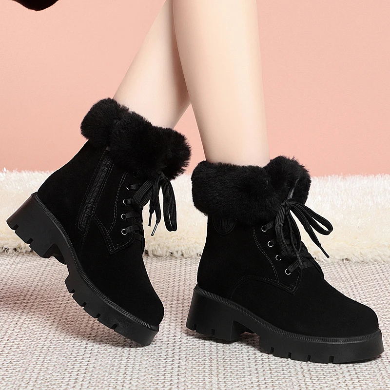 AIYUQI Winter Snow Boots Women Genuine Leather Suede Natural Wool Women Winter Boots Platform Anti Slip Women Ankle Boots