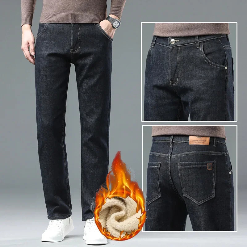 Winter Men Plush Wool Elastic Straight Denim Pants Soft Fabric Thicken High Waist Stretch Jeans Male Warm Fleece Work Trousers 241230