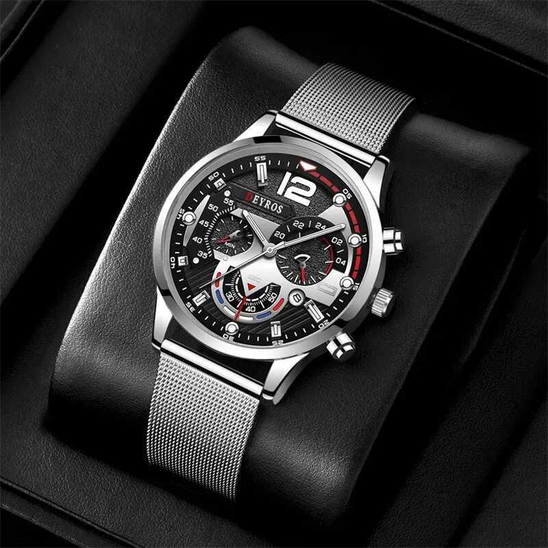 Fashionable mens Busin es luxury stainless steel mesh with quartz watch illuminated mens leisure calendar W250104