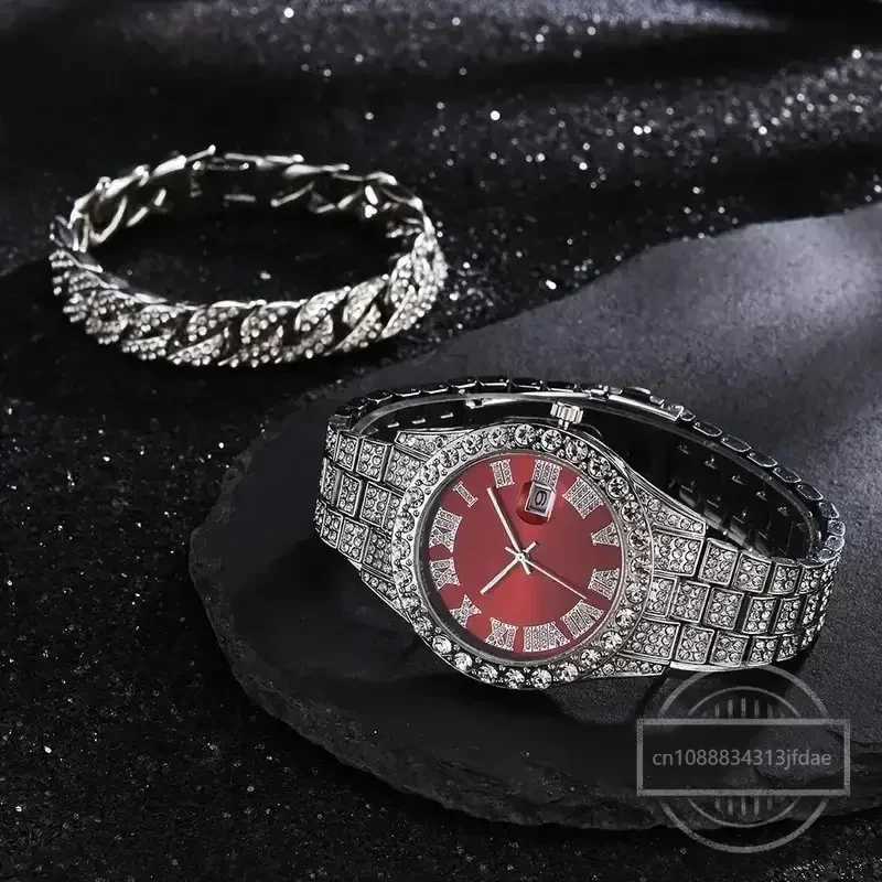 1/2 Hip Hop Stainl steel gold calendar bracelet suitable for men Rhinestone men on exterior walls Reloj Hombre W250104