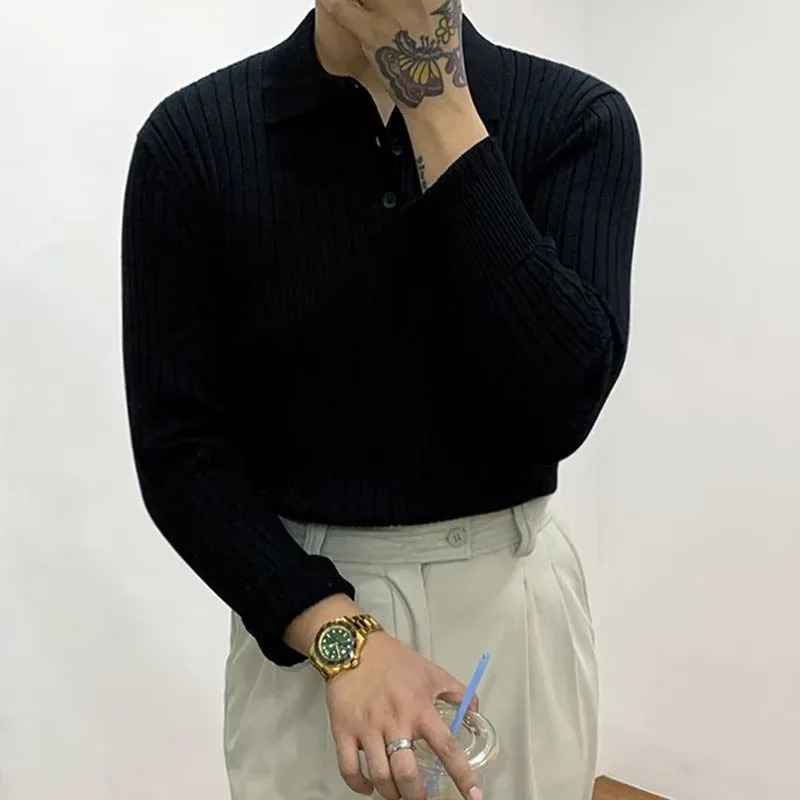 Autumn long sleeved knitted polo shirt mens fashion ribbon solid color ultra-thin polo T-shirt knitted mens casual button lapel zipper 250103
