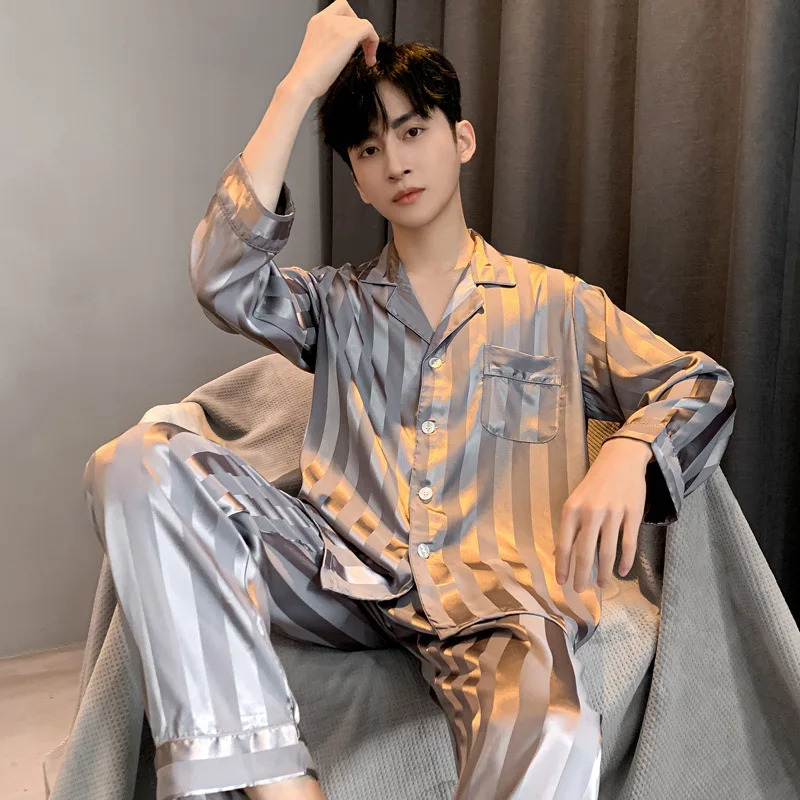 Mens Pajama Summer Longsleeved Ice Silk High Quality Stain Sleepwear Suit Home Clothes Male Night Wear Pyjamas Gentlemen 250103