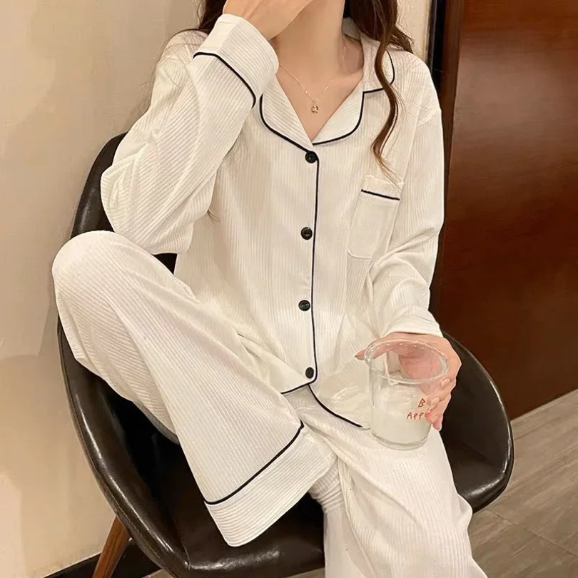 Spring And Autumn Womens Long Sleeve Pajamas Homewear Set Girls Korean Simple Casual Wind Cardigan 250103