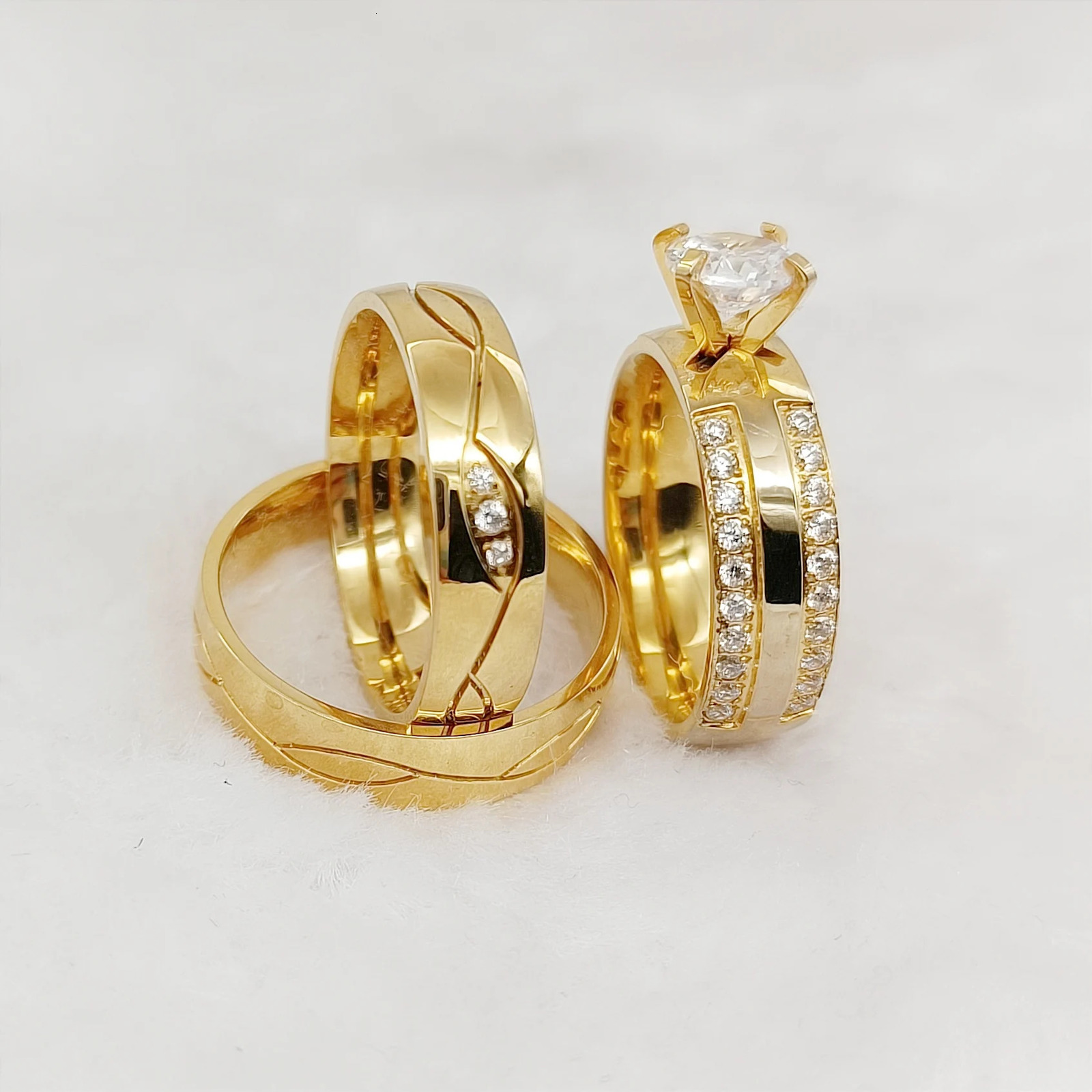 Wholesale 3pcs Lovers Promise Wedding Engagement Rings Sets For Couples Vintage Handmade 24k gold plated Fashion jewelry Ring 250103