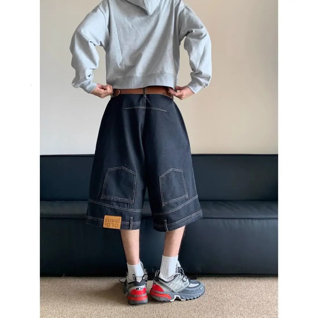 American style retro waistband inverted men denim shorts ins Gothic loose casual straight leg pants sweatpants 241224