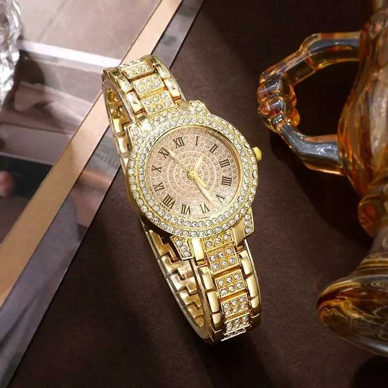 Golden womens ring necklace earrings rhinestone fashion watch womens casual womens bracelet set clock W250104