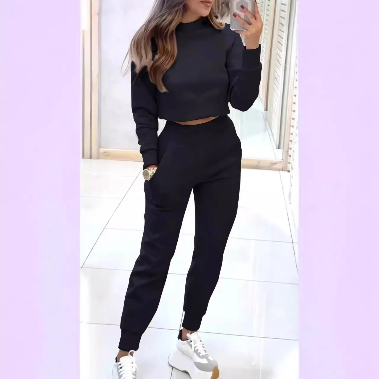 Fashion long sleeved half neck short top9-point pants 2-piece set elegant autumn solid color ultra-thin womens suit 241230