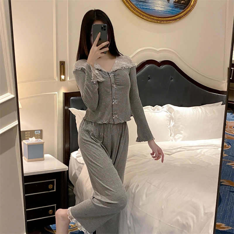 Spring and Autumn Womens Lace Simple Cotton Vneck Sexy Pajamas Warm Winter Long Sleeve Pants Set Home Clothing 250103