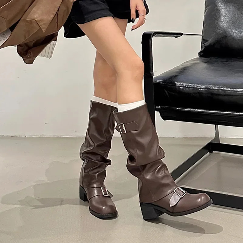 Comemore Autumn Women Biker Boots Fashion Belt Buckle Ladies Elegant Platform Long Pipe Booties Casual Womens Knee High Boots 250103