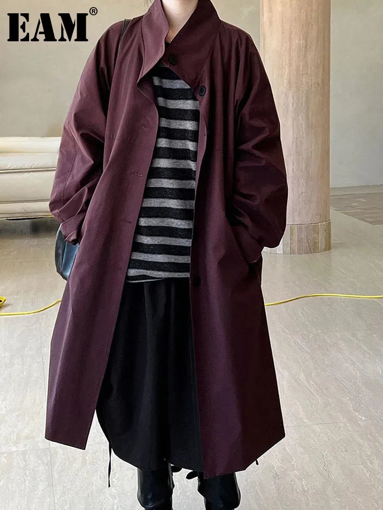 EAM Women Navy Blue Big Size Long Elegant Trench Stand Collar Long Sleeve Windbreaker Fashion Spring Autumn 2024 1DH6843 241224