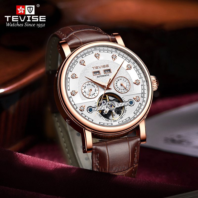 TEVISE Automatic Mechanical Watch Mens Business Fashion Mens Mechanical Wristwatch Waterproof Leather Watch T023 T867C