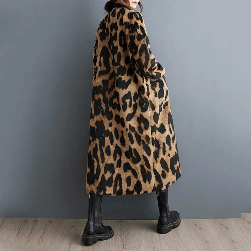 Beautyblue in Coats jackets Leopard Elegant Coat Woman Long Sleeves Pockets Split-Joint V-Neck Outerwear Female Trench Coats 241224