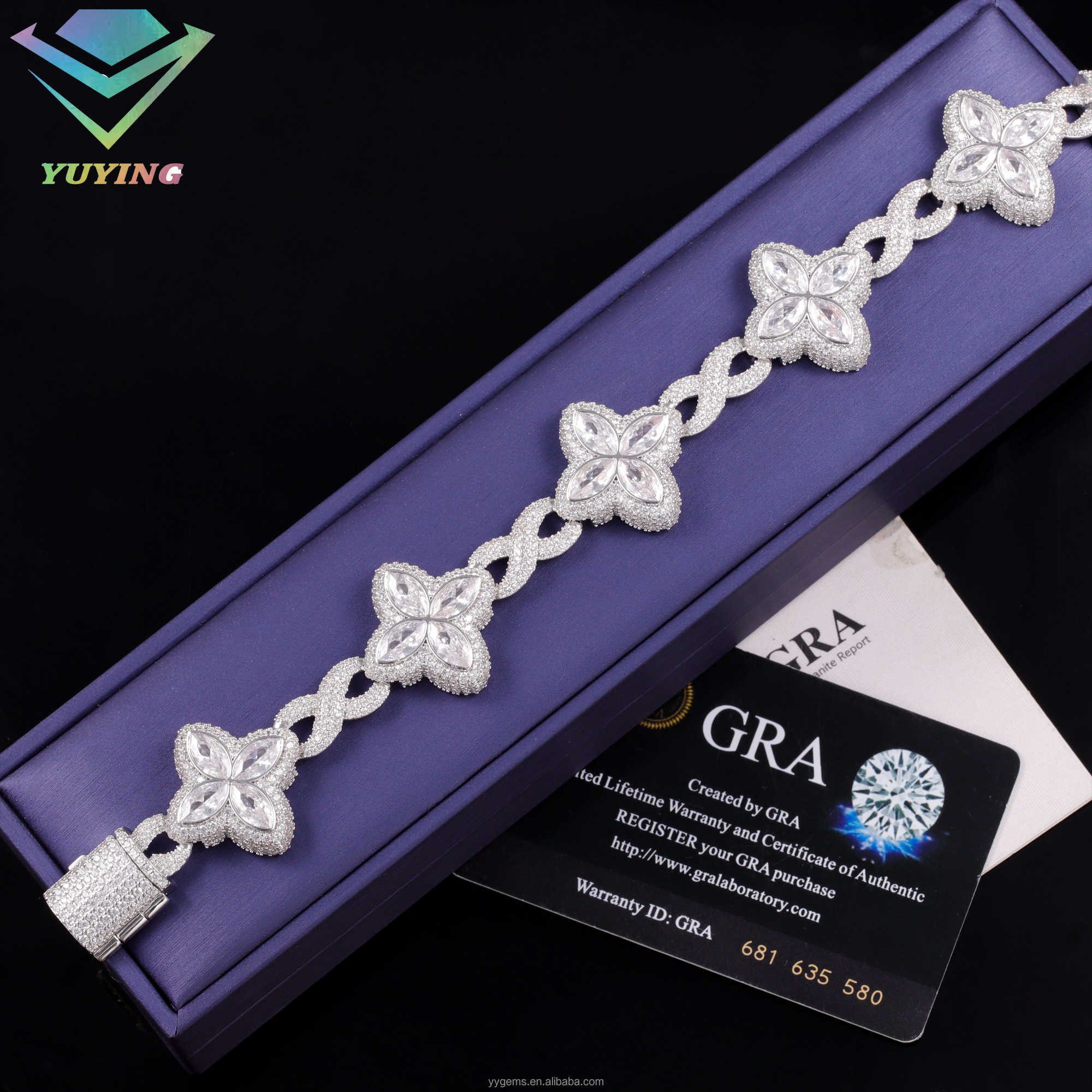 In Stock 925 Sterling Silver Gold Plated Iced Out VVS Moissanite Diamond Lucky Clover Bracelet for Hip Hop Jewelry