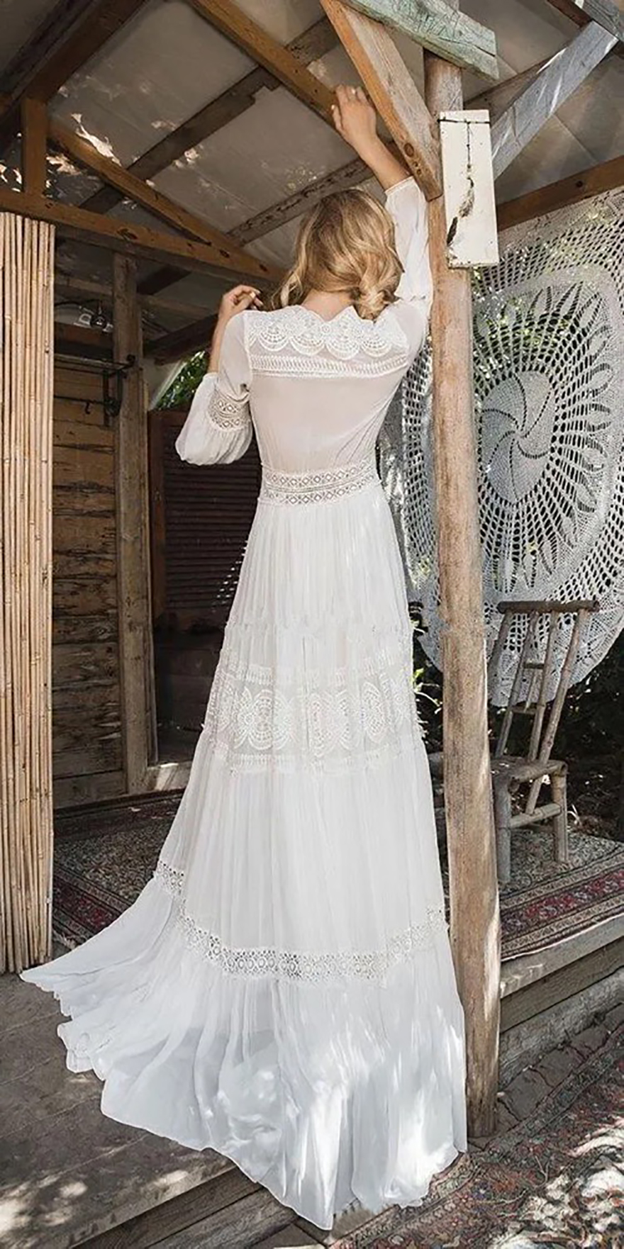 Inbal Raviv Long Sleeve Wedding Dresses Crochet Lace Chiffon Flowing Flare Greek Goddess Beach Bohemian Bridal Dress