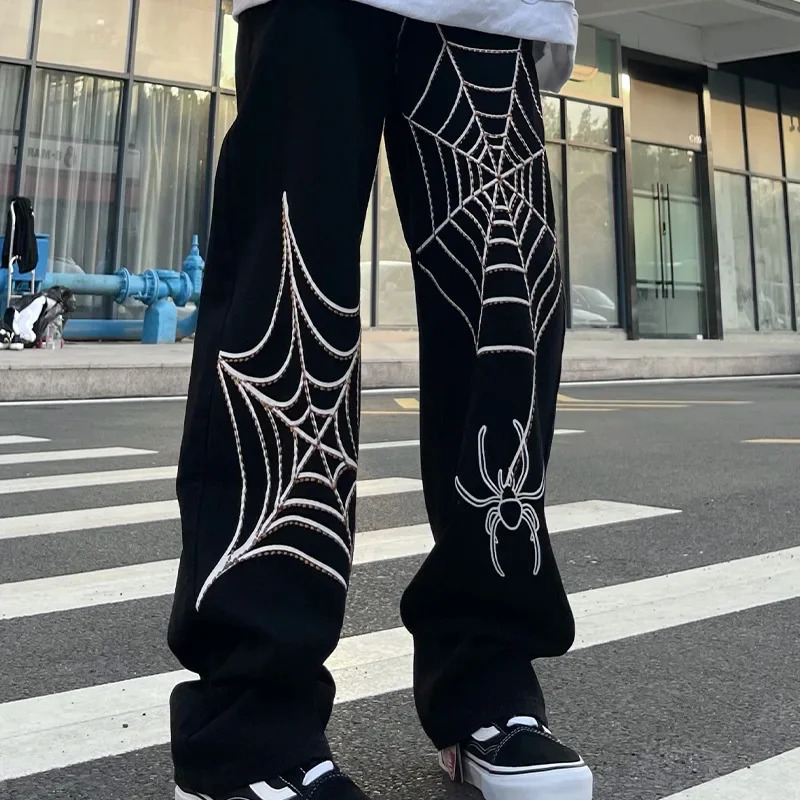 Y2K Jeans for Men Hip Hop Vintage Skull Embroidery Baggy Jeans Straight Casual Loose Wide Leg Trousers Streetwear Man Pants 241230