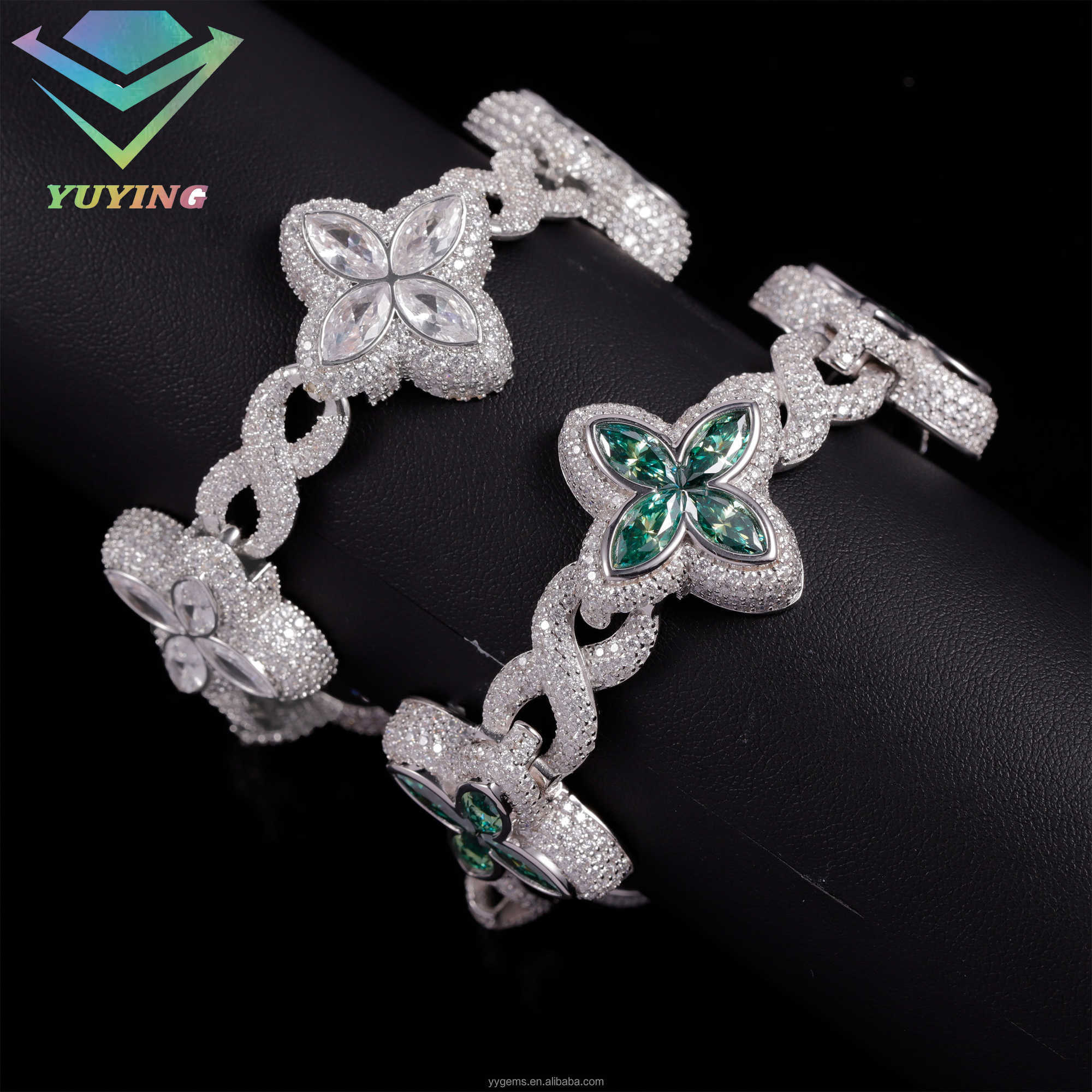 Yy new arrived iced out clovers moissanite bracelets cuban chain 925 sterling silver fine jewelry bracelets for men women