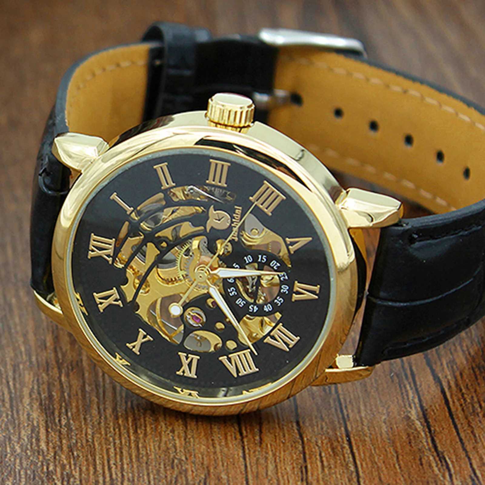 Mens luxury skeleton Roman numerals hollow dial stainless steel strap mechanical mens gift mens Bussin watch W250104