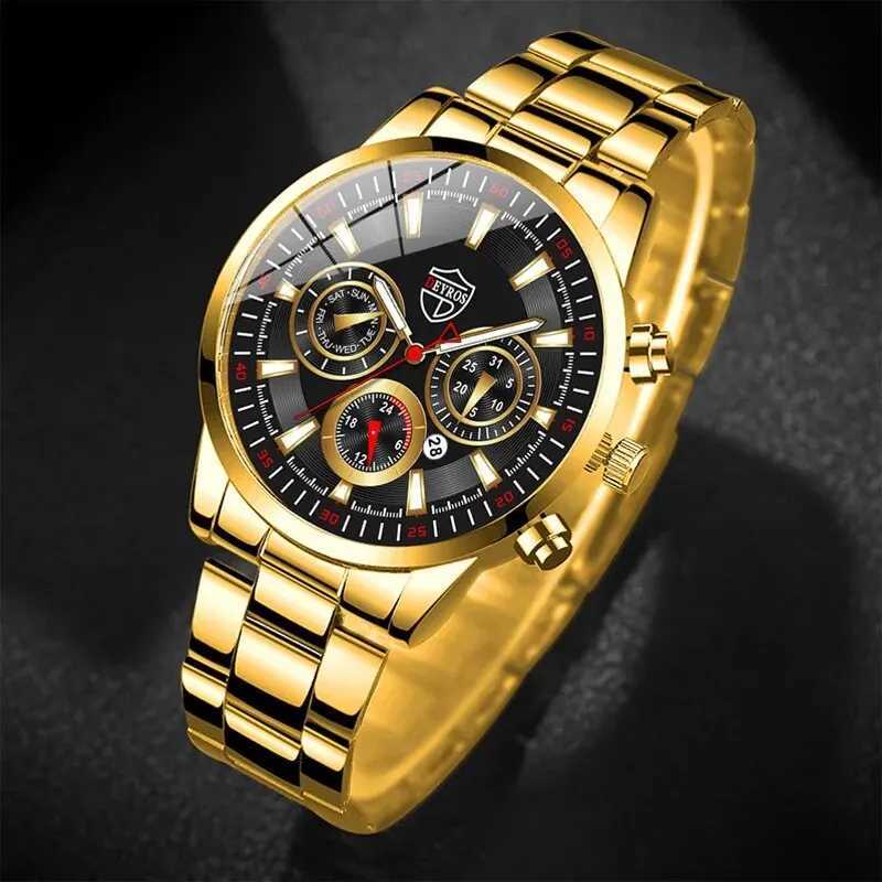 Mens top brand luxury gold calendar with stainless steel band fashion Busin quartz wrist Relogio Masculino W250104