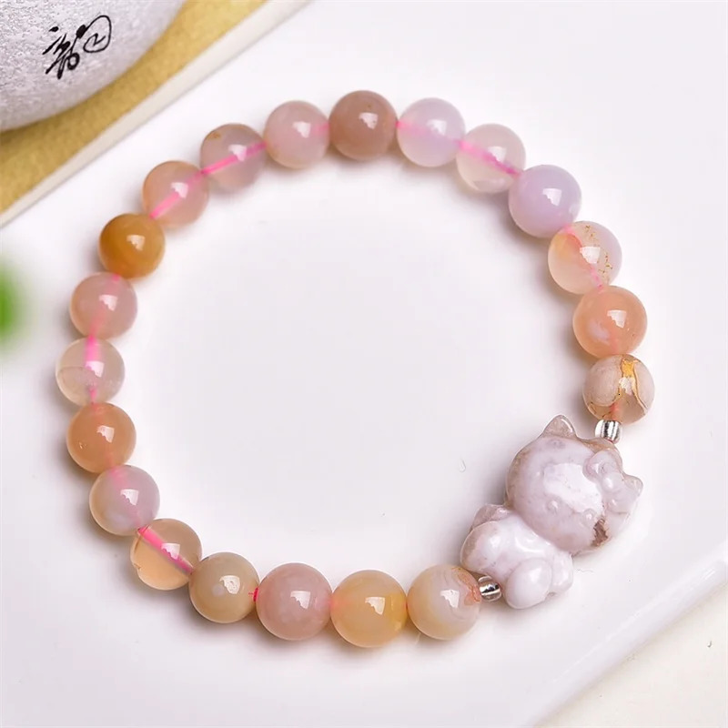 8MM Natural Flower Agate Cartoon Cat Carving Bracelet For Woman Man Fengshui Healing Wealth Crystal Birthday Lucky Gift 250102